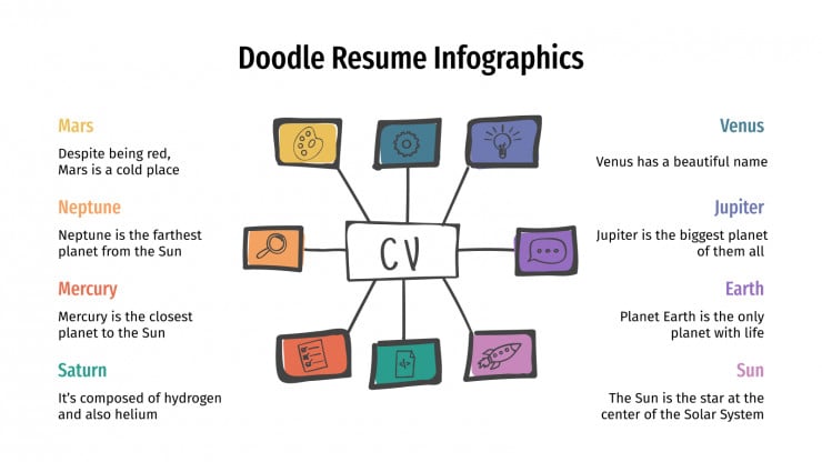 Plantilla de presentación Infografías de CV con doodles