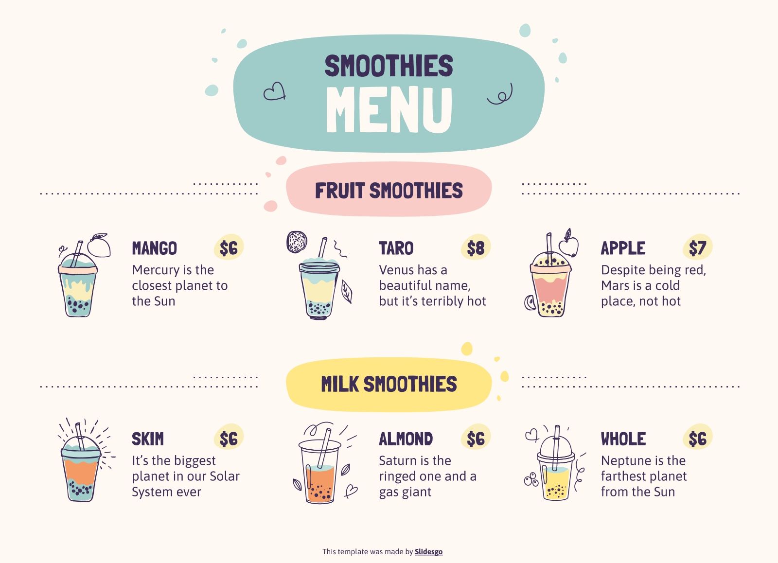 Smoothies Menu (A4 horizontal) Google Slides & PowerPoint