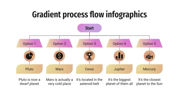 Infographies : diagrammes de flux de travail avex dégradés Modèles de présentation