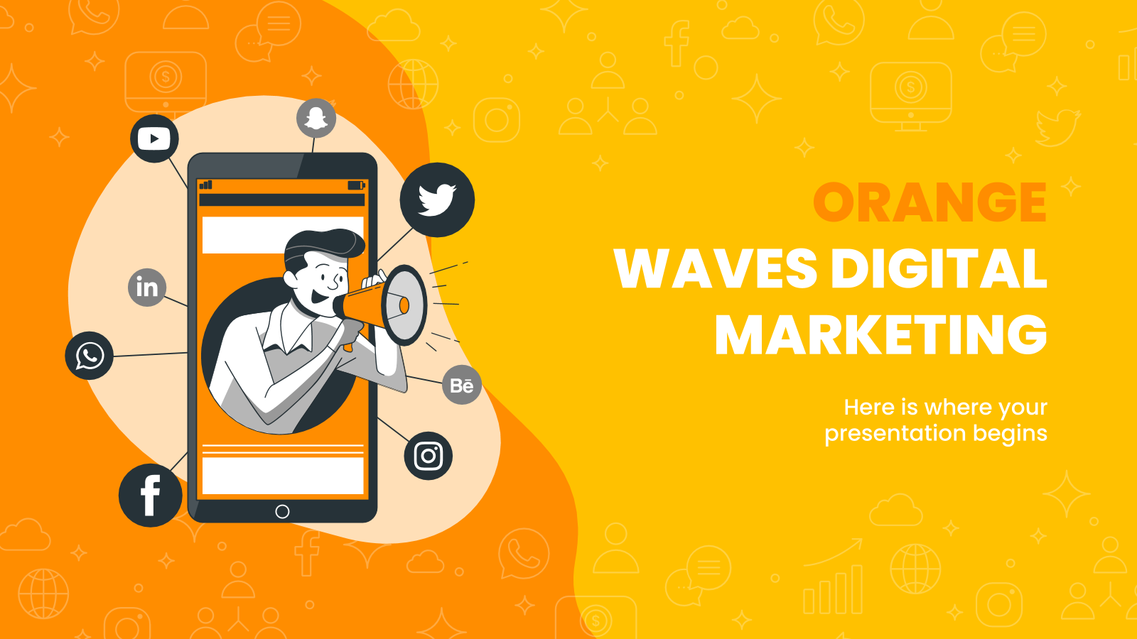 Modelo de apresentação Marketing digital com ondas laranjas