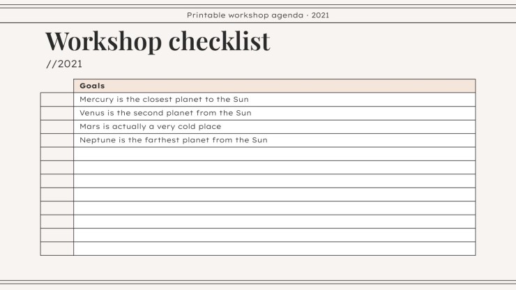 Workshop Agenda zum Ausdrucken Präsentationsvorlage