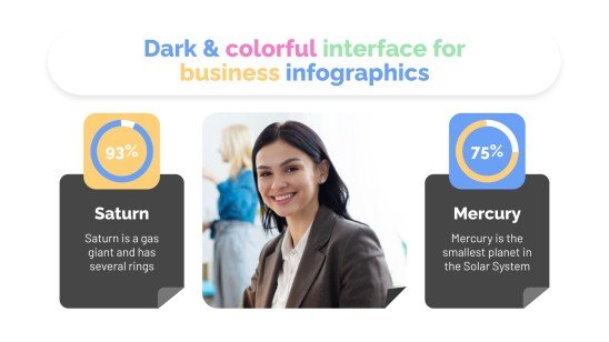 Modelo de apresentação Infográficos interface escura e colorida para negócios