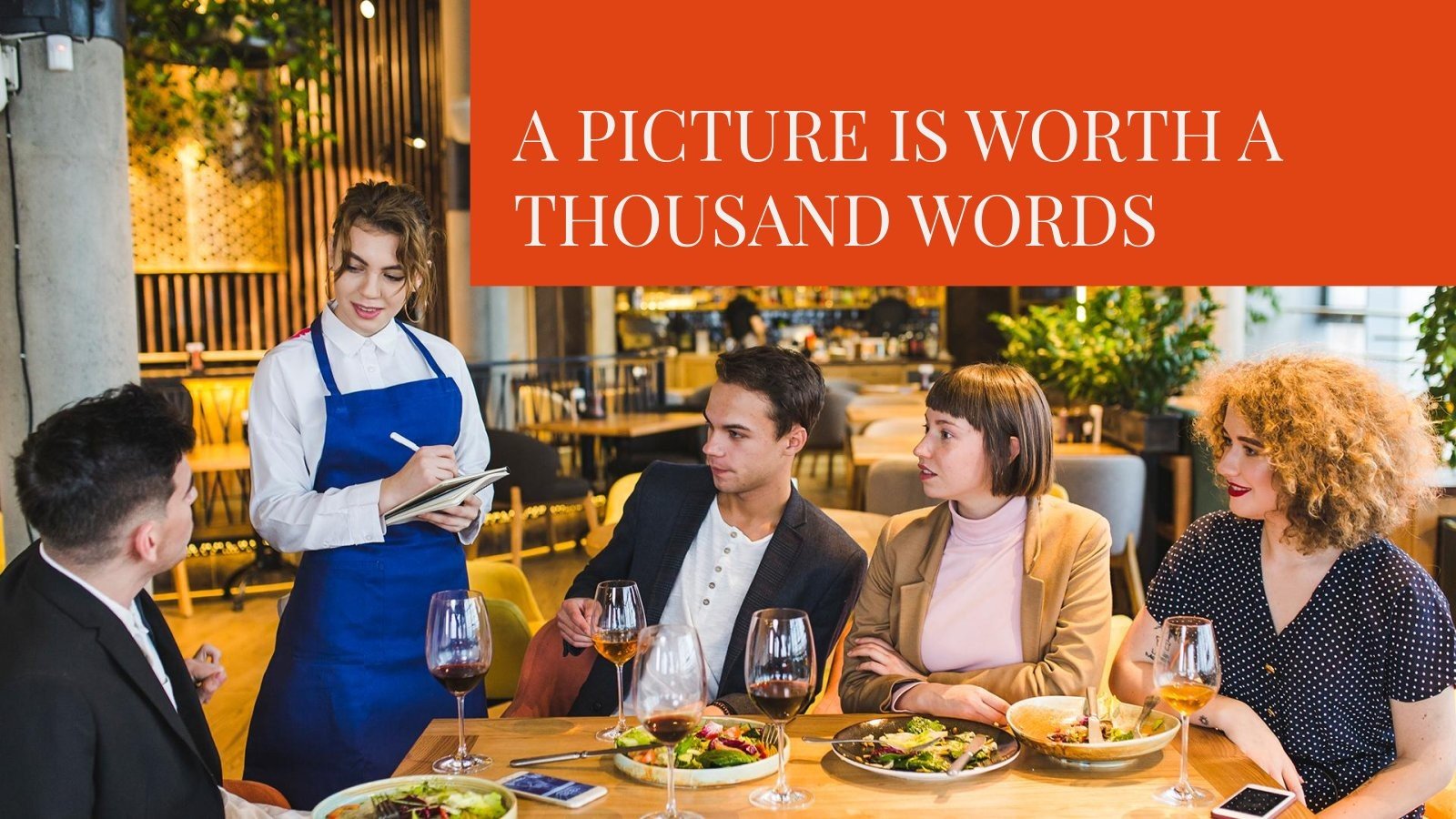 We never at the restaurant. Компания в кафе за столом. Официант. We never at the restaurant. We never at the restaurant.