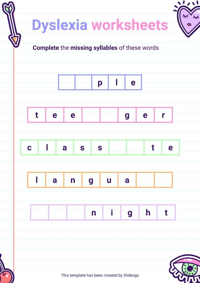 Printable Dyslexia Worksheets for Elementary Google Slides