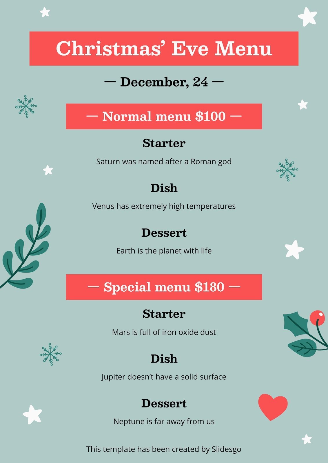 Printable Christmas' Eve Restaurant Menu | Google Slides