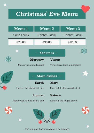 Printable Christmas' Eve Restaurant Menu | Google Slides