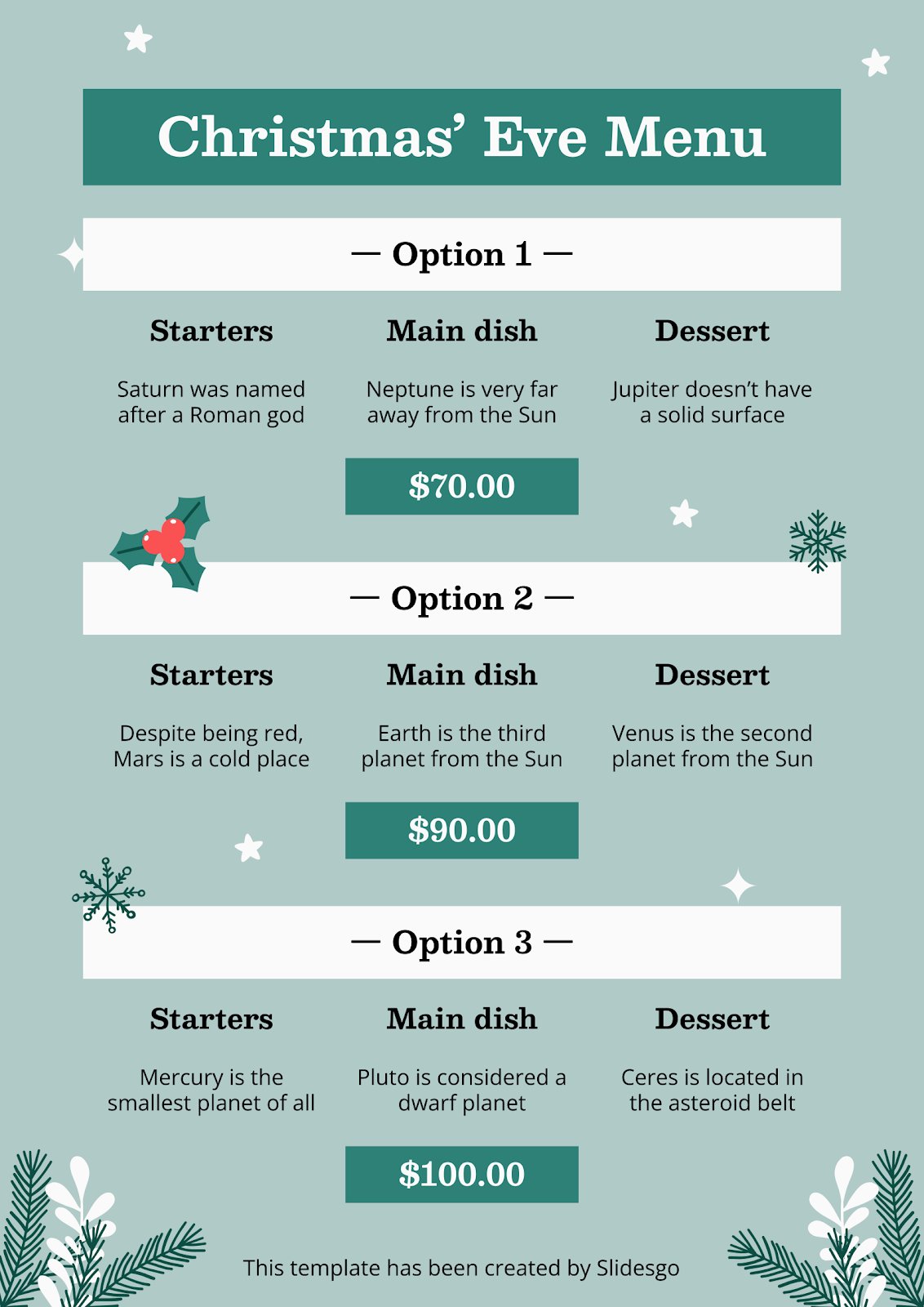 Printable Christmas' Eve Restaurant Menu | Google Slides