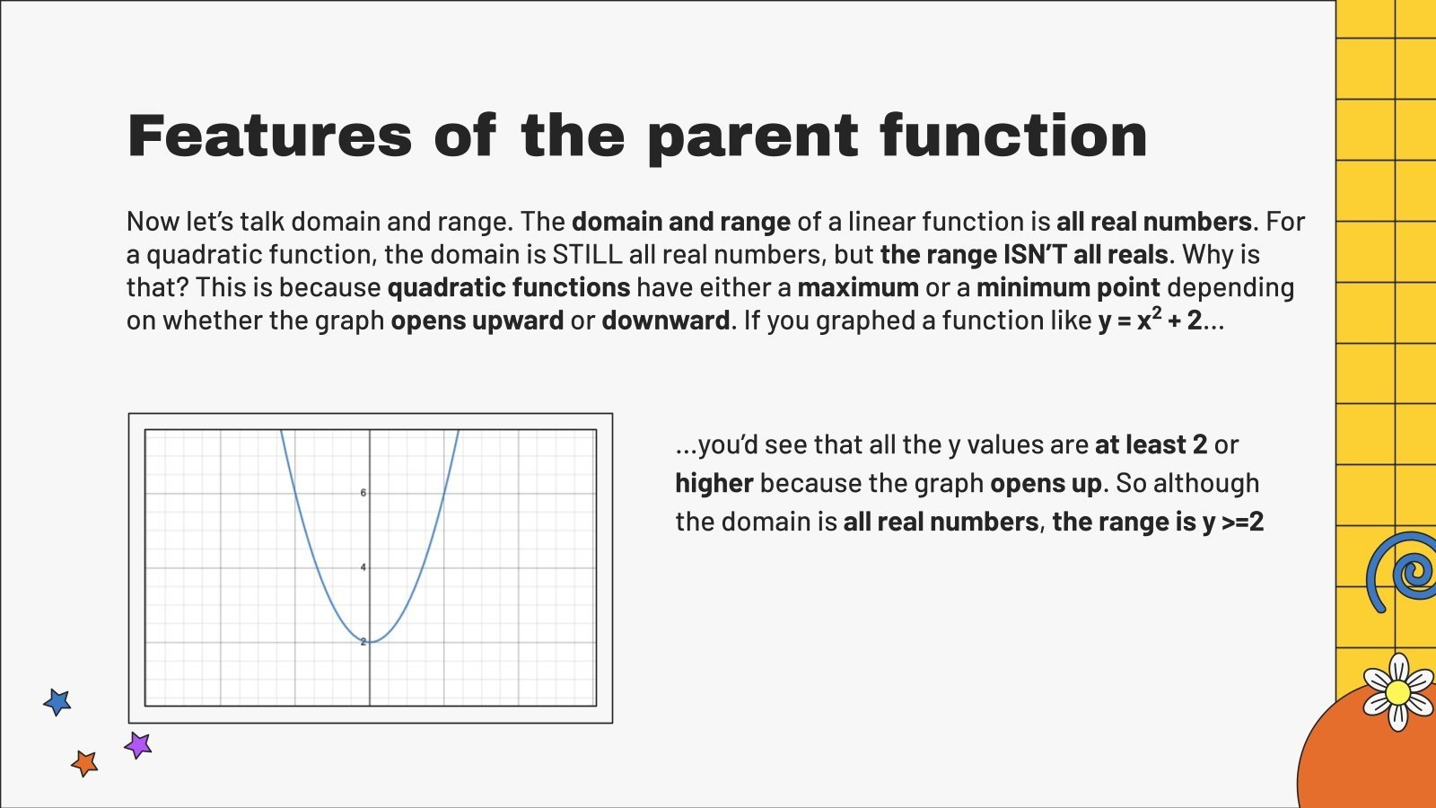 Characteristics of quadratic functions google slides ppt