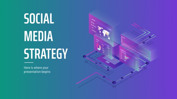 Plantilla de presentación Estrategia para redes sociales con degradado y formas isométricas