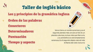 Plantilla de presentación Taller de inglés básico para hispanohablantes - Infografías