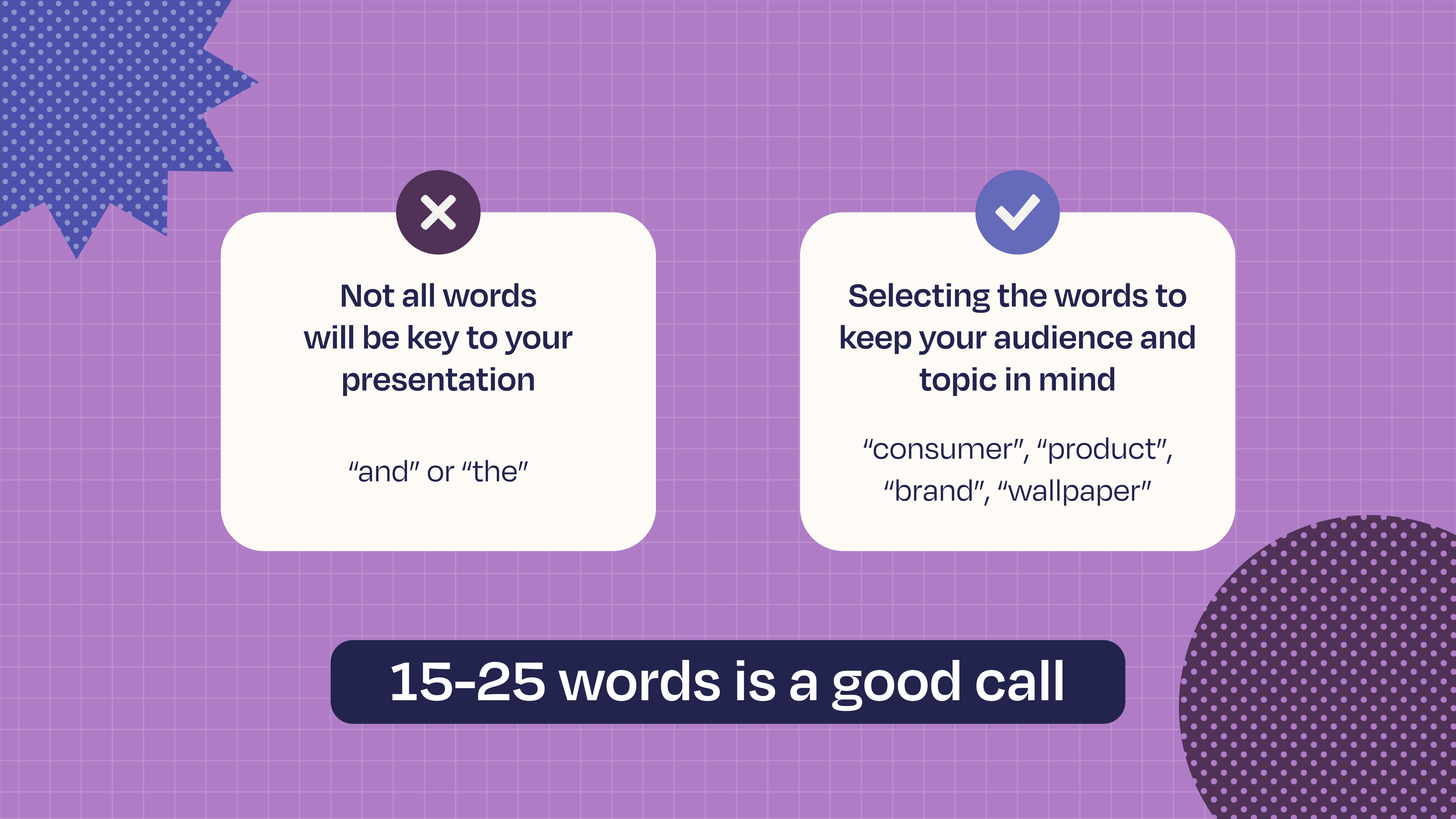 This image gives you some tips about what types of words can you use to create your word cloud. First, not all words the generator includes in your cloud will be key to your presentation. Also, keep both your audience and your topic in mind when selecting the words that will appear in your cloud. Lastly, a number between 15–25 words is a good call.