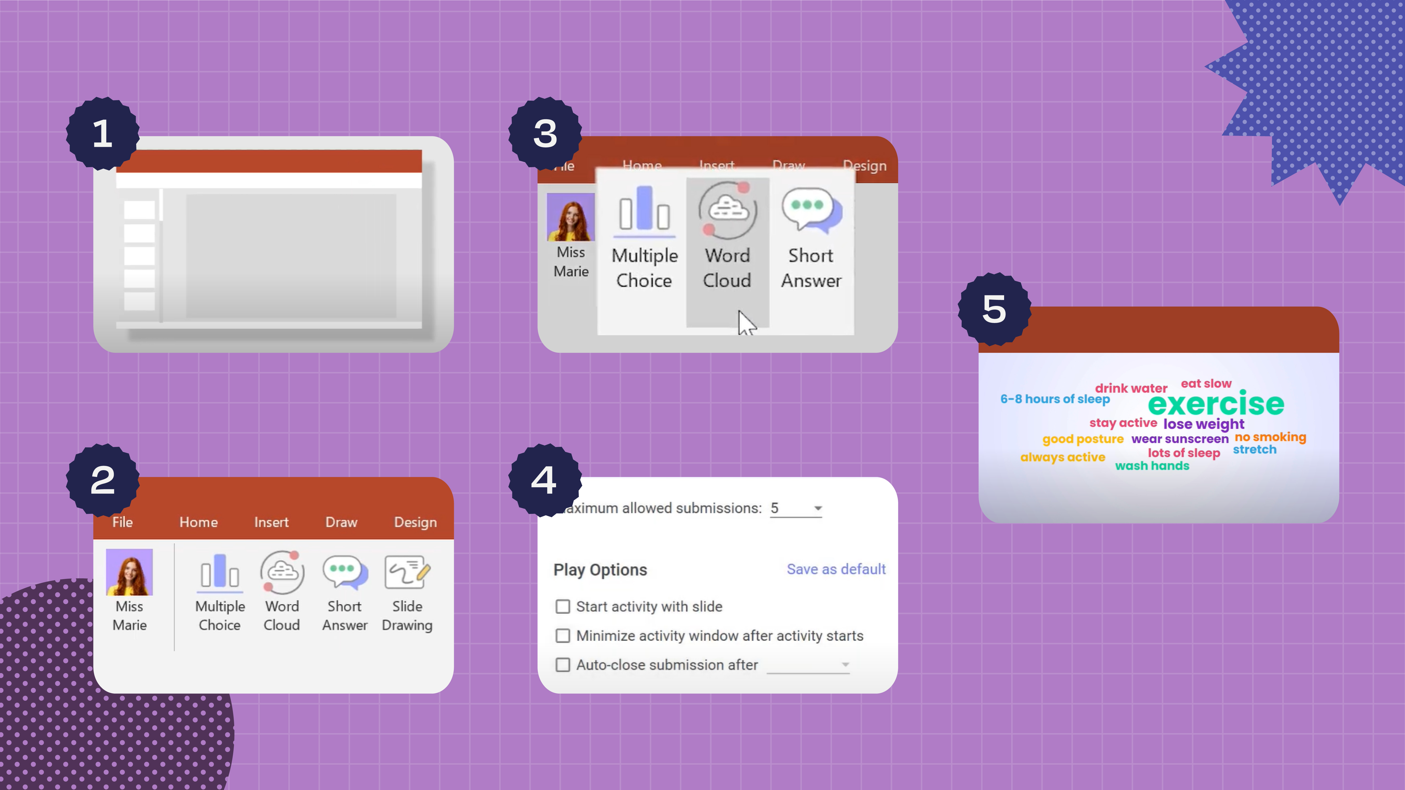 This image shows the necessary steps to make a word cloud in PowerPoint: Step 1: Open PowerPoint and create a new slide. Step 2: Select the “Insert” tab in the top menu. Step 3: Select “Word Cloud” from the menu options. Step 4: Select, type, or paste the text source you want to analyze. Step 5: Pick the style and color palette for your word cloud. And step 6: Click “Insert” to finalize your word cloud.