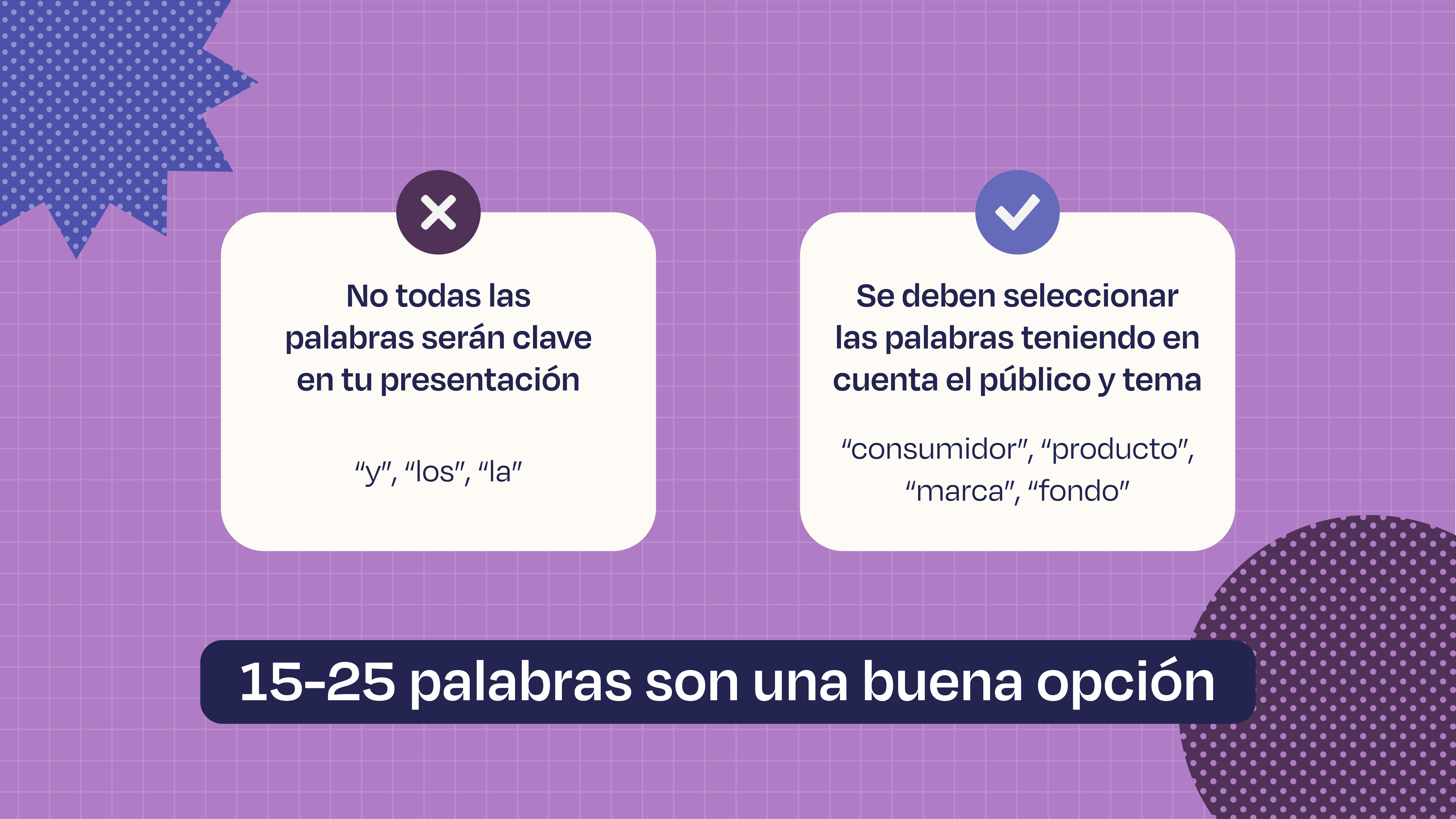 Esta imagen te da algunos consejos sobre qué tipo de palabras puedes utilizar para crear tu nube de palabras. En primer lugar, no todas las palabras que el generador incluya en tu nube serán clave para tu presentación. Además, ten en cuenta tanto a tu público como tu tema a la hora de seleccionar las palabras que aparecerán en tu nube. Por último, usar un número entre 15-25 palabras es una buena opción.