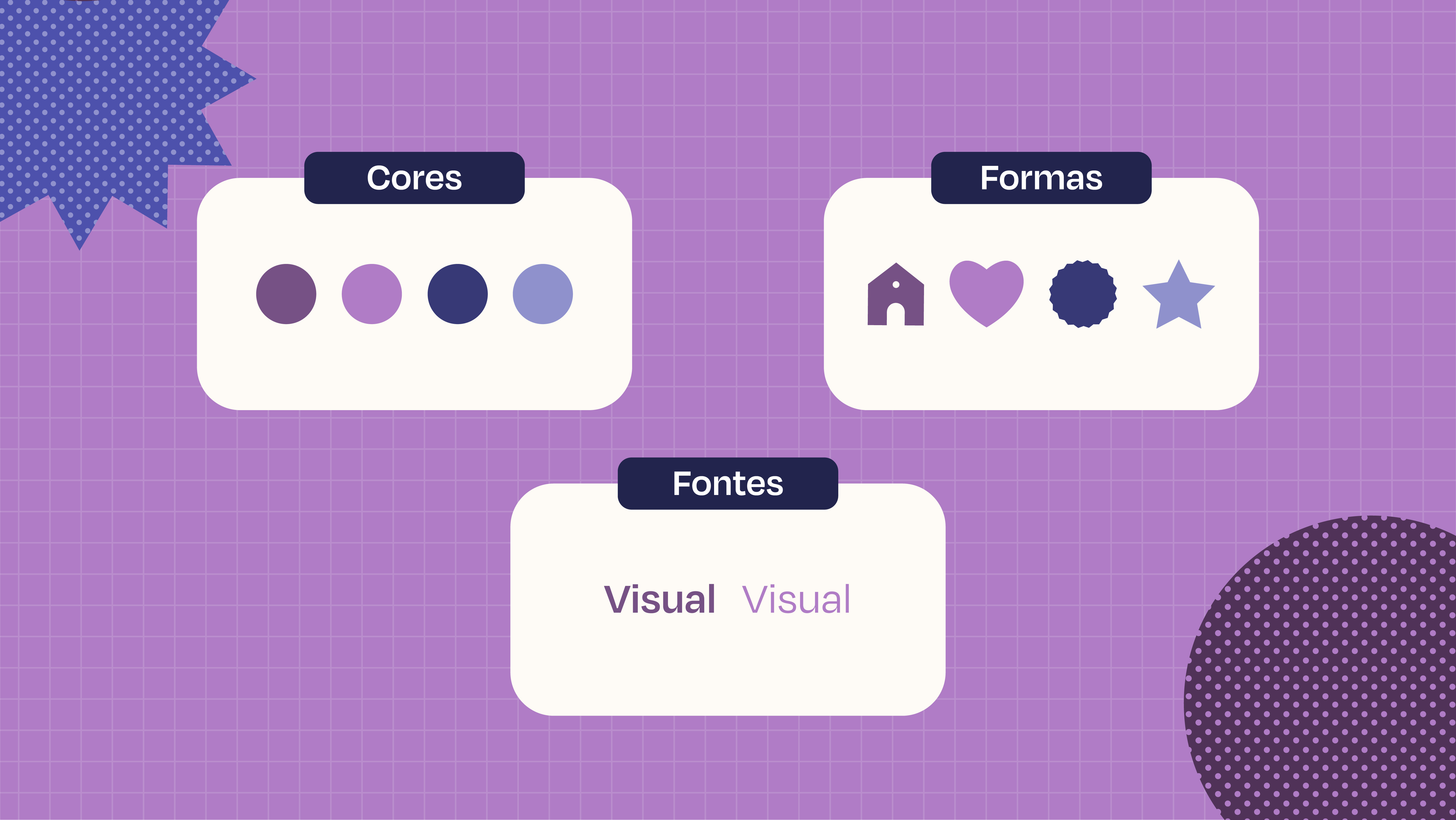 Esta é uma imagem que mostra as cores, as formas e as fontes que você pode usar na nuvem de palavras. As cores são em tons de roxo, as formas são geométricas e as fontes são em negrito e regulares.