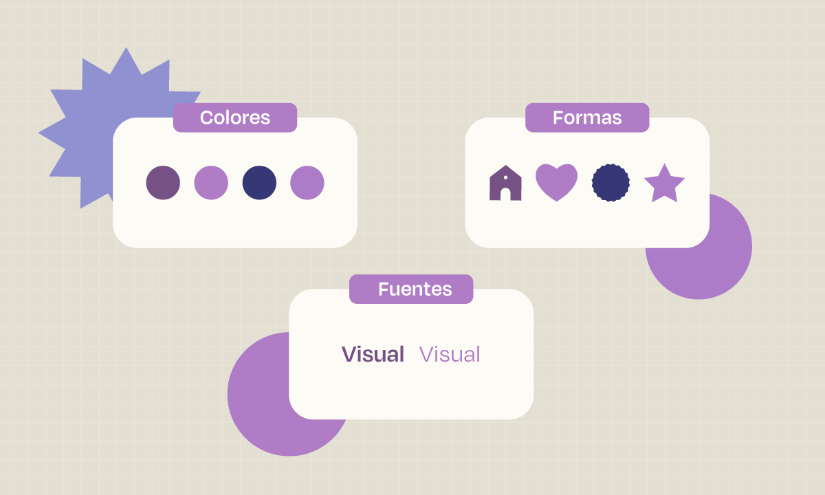 Esta es una imagen que muestra colores, formas y fuentes que puedes utilizar para tu nube de palabras. Los colores son tonos morados, las formas son geométricas y las fuentes están en negrita y en normal.