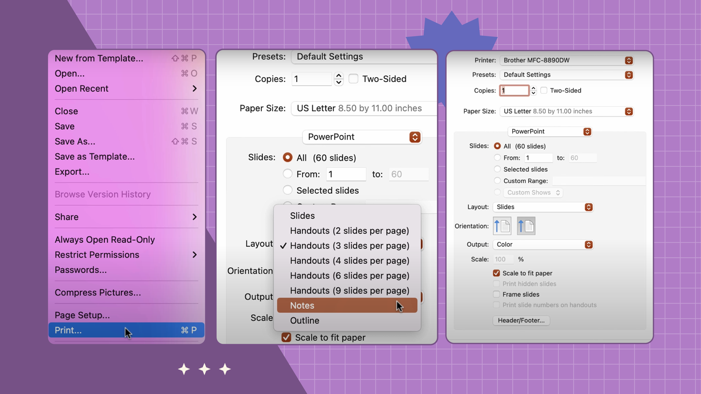 This image shows how to add and print your speaker notes on Mac