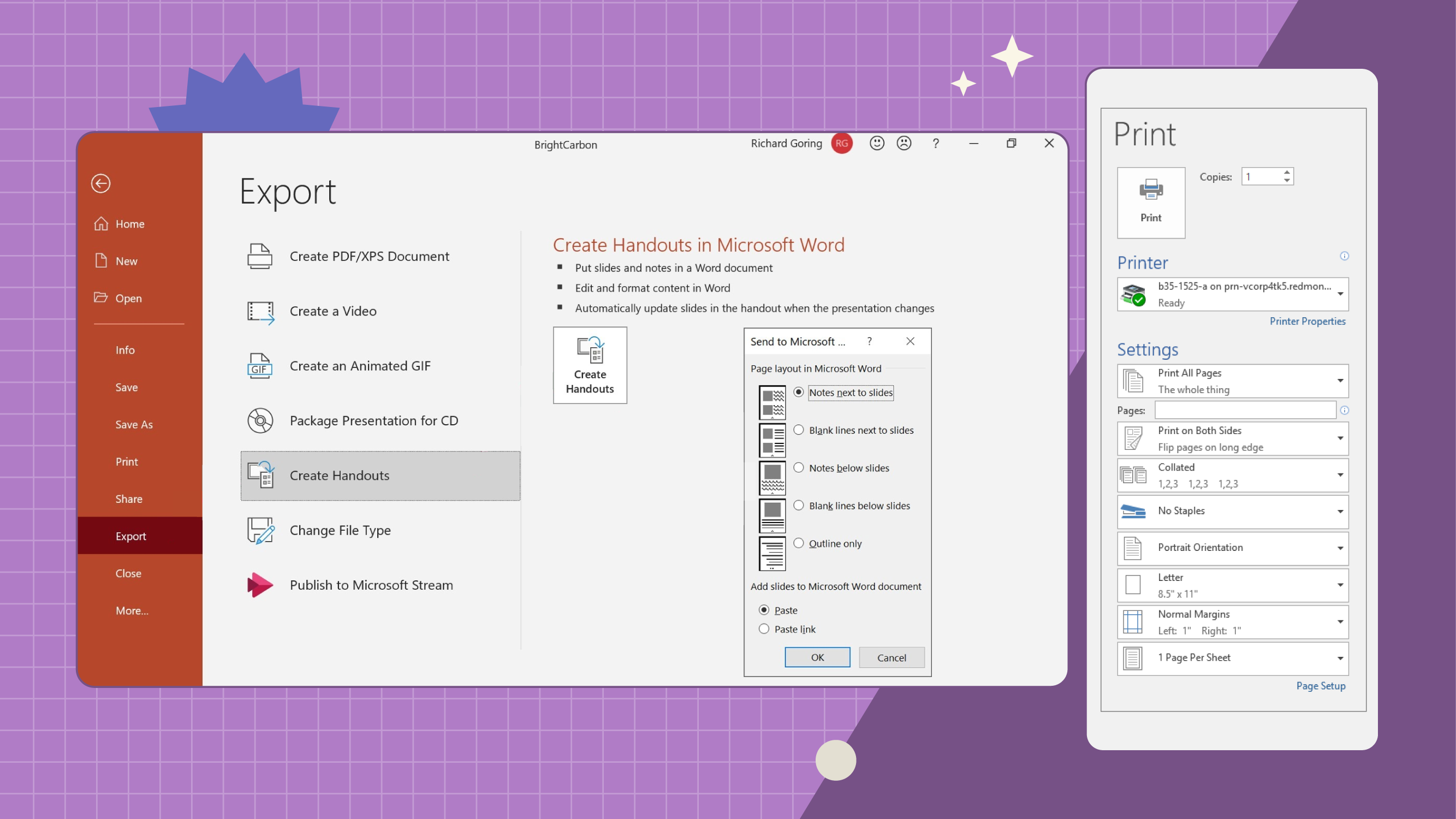 This image shows how to add and print your speaker notes using Word