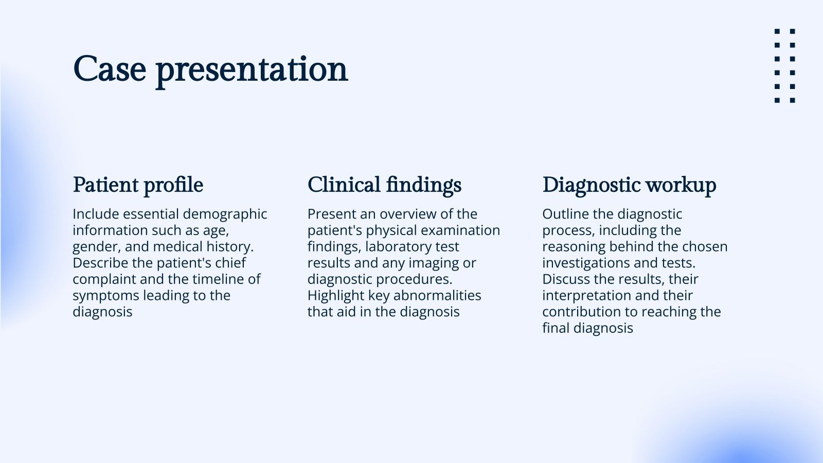 Case presentation slide divided into patient profile, clinical findings, and diagnostic workup