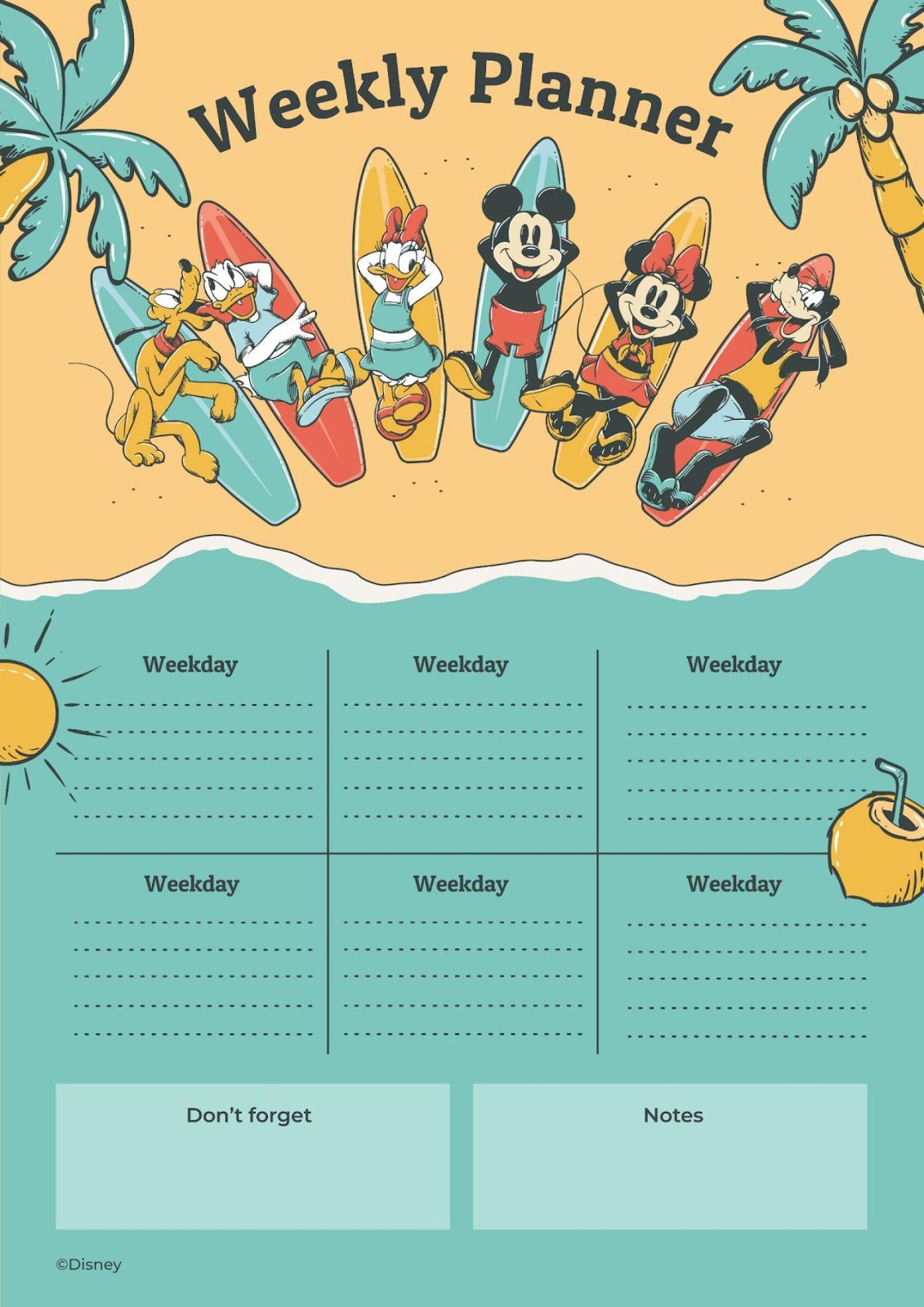 Mickey mouse summer weekly planner template