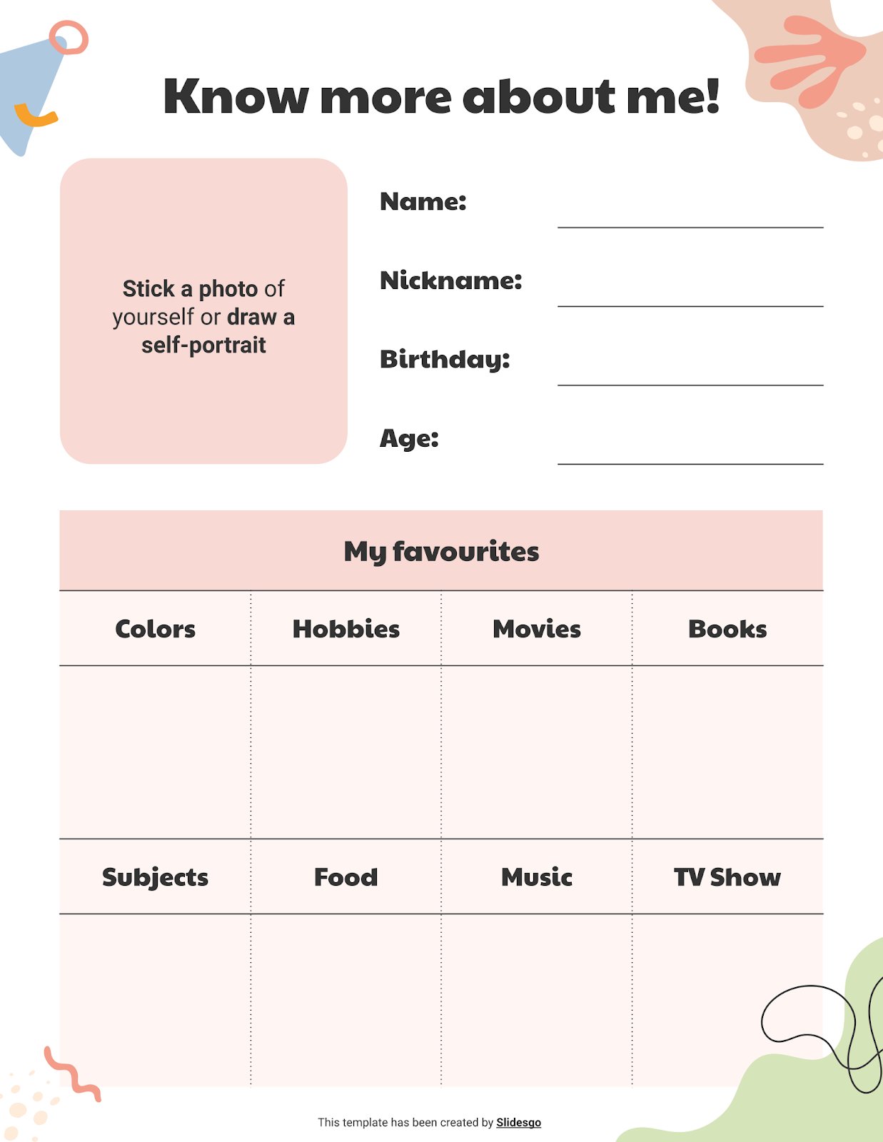 All about me Worksheet presentation template 