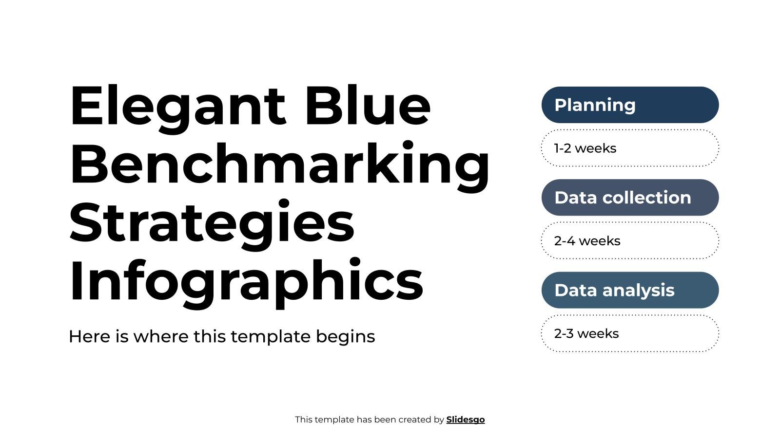 Elegante blaue Infografiken zu Benchmarking-Strategien Präsentationsvorlage