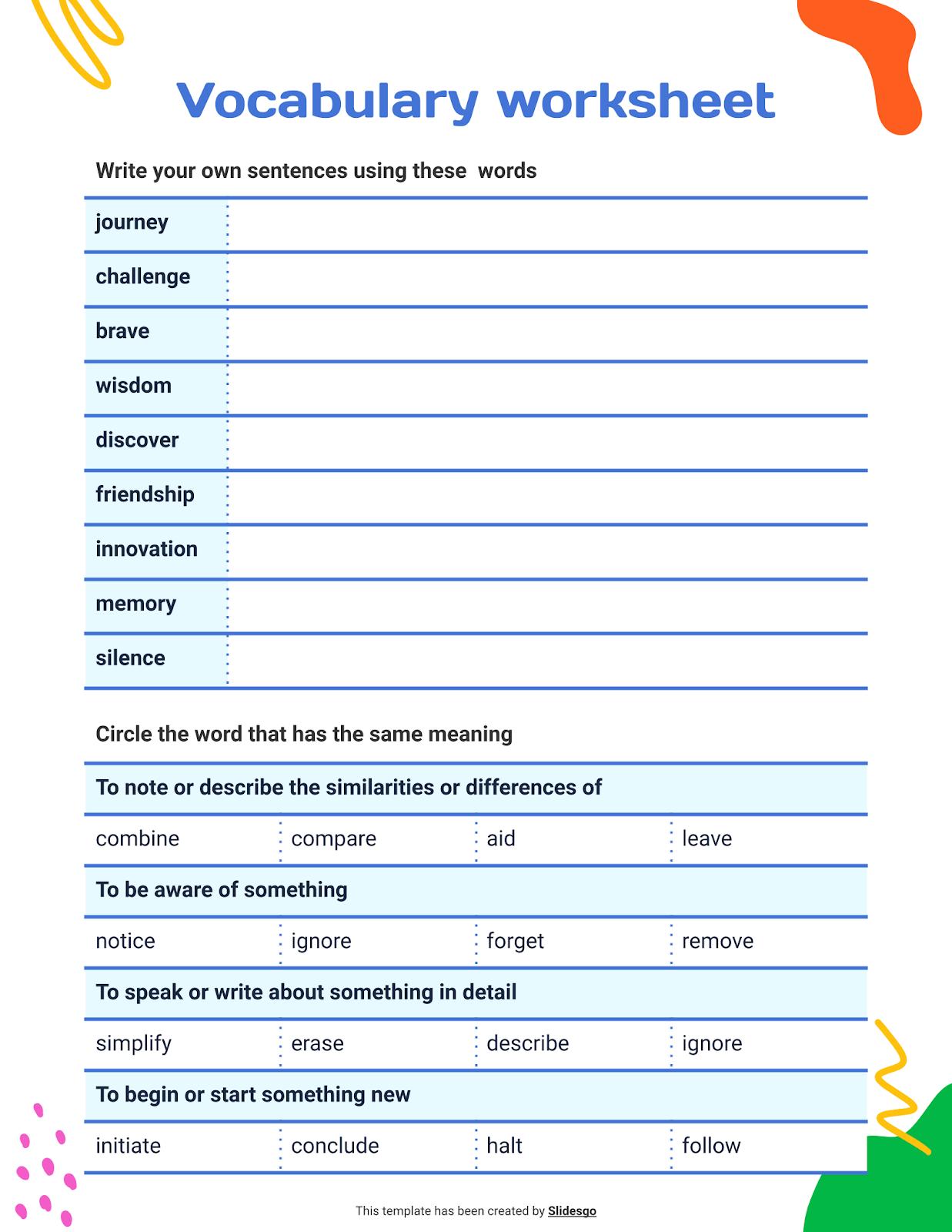 Feuille de travail de vocabulaire Modèles de présentation