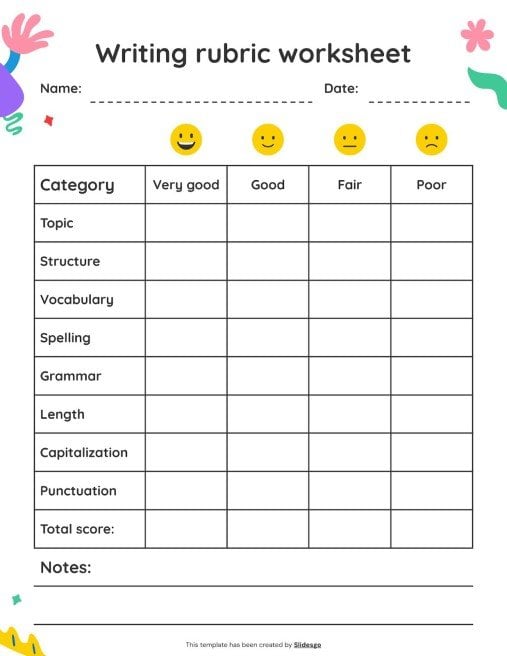 Writing Rubric Worksheet Template