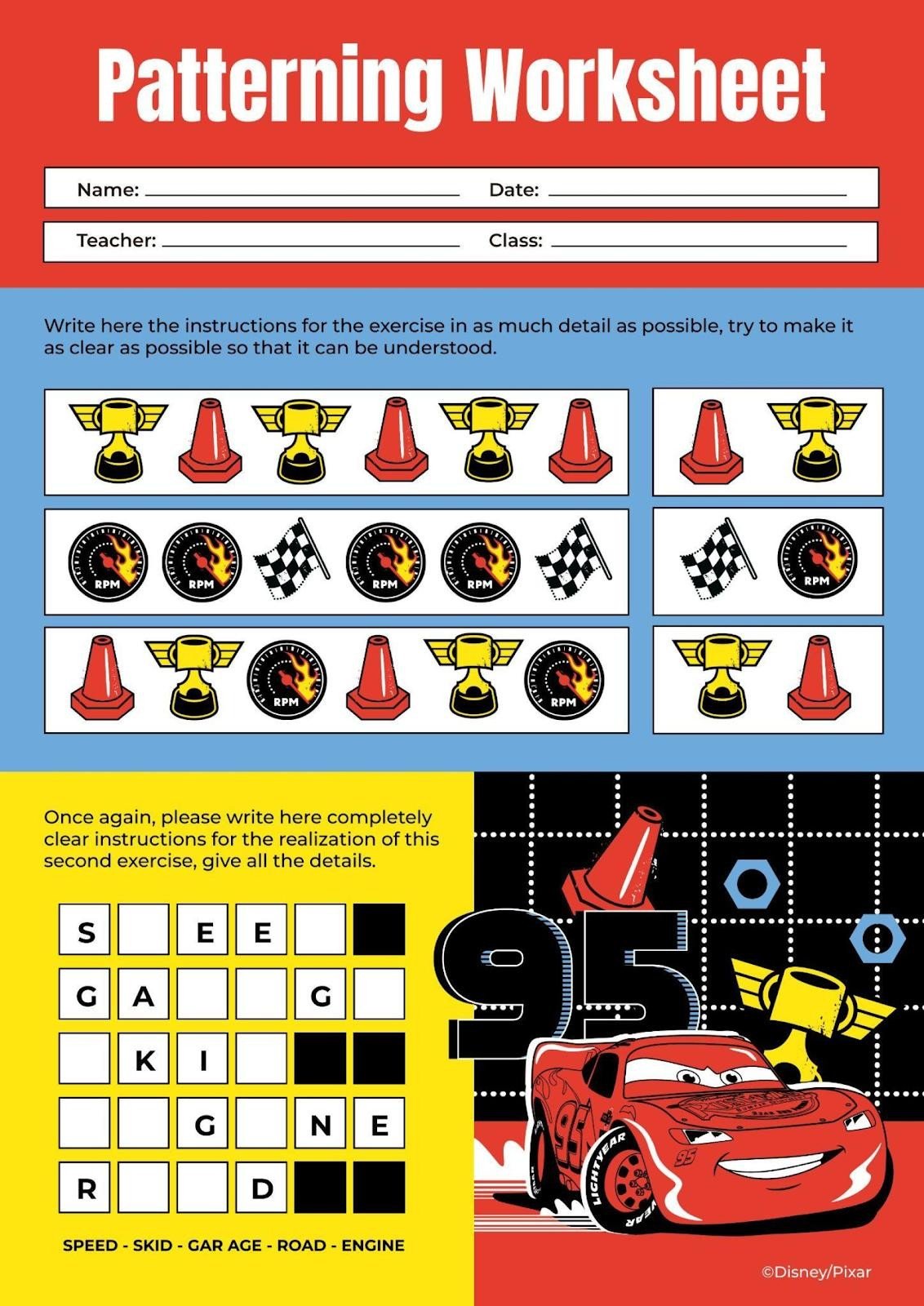 Disney Cars Patterning Worksheet Presentation