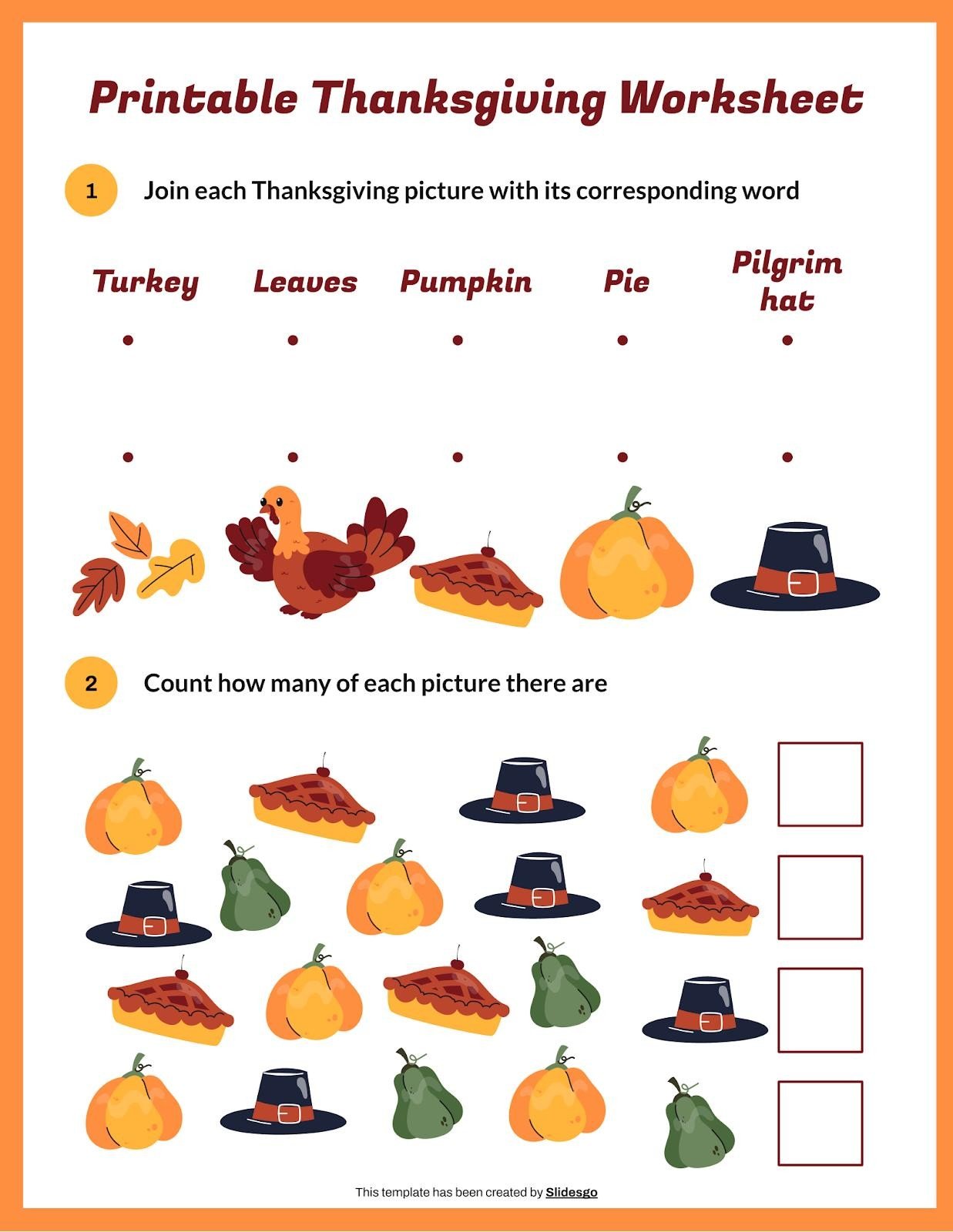 Feuille de travail imprimable pour Thanksgiving Modèles de présentation