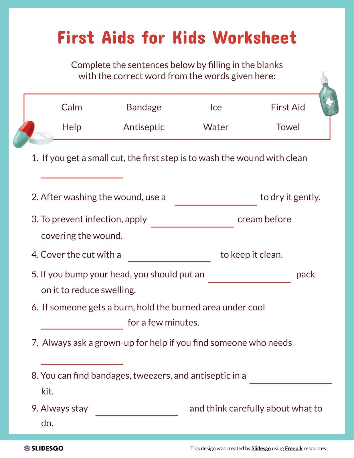 First Aids for Kids Worksheet Presentation