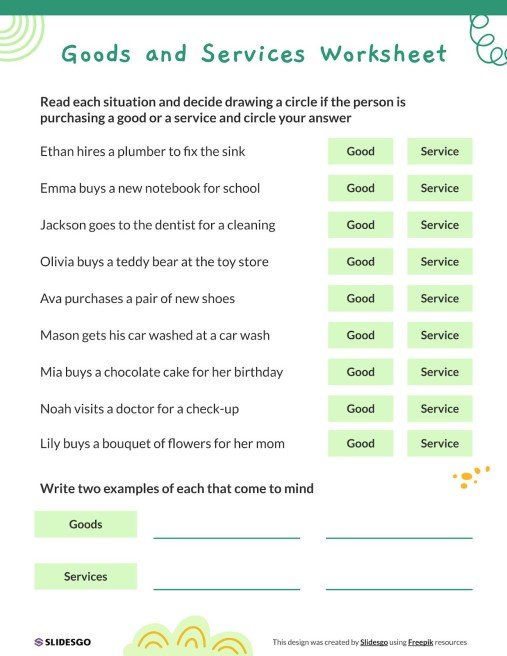 Simple Service Worksheet Goods and Services Worksheet Presentation