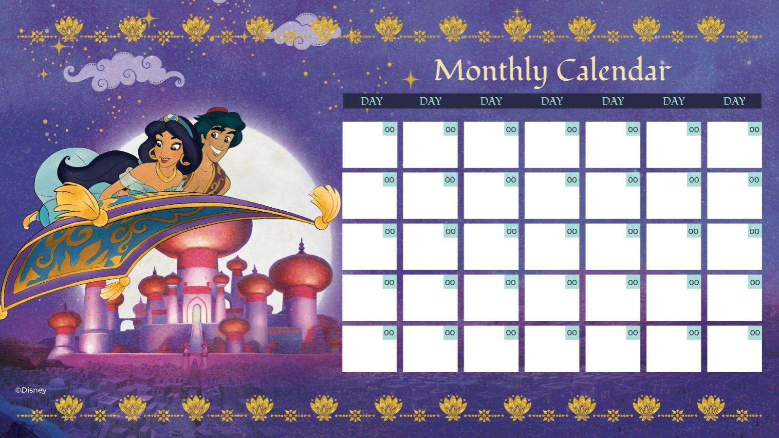 Aladdin & Jasmine Monthly Calendar presentation template 