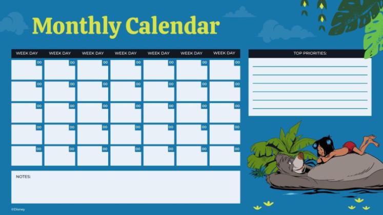 Calendrier mensuel du Livre de la jungle Modèles de présentation