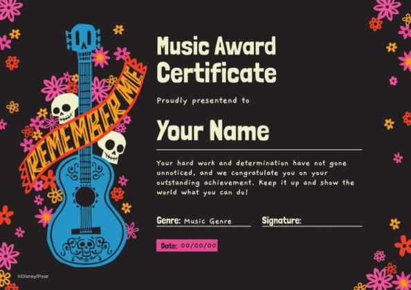 Modelo de apresentação Certificado de prêmios musicais de Viva: A Vida é uma Festa