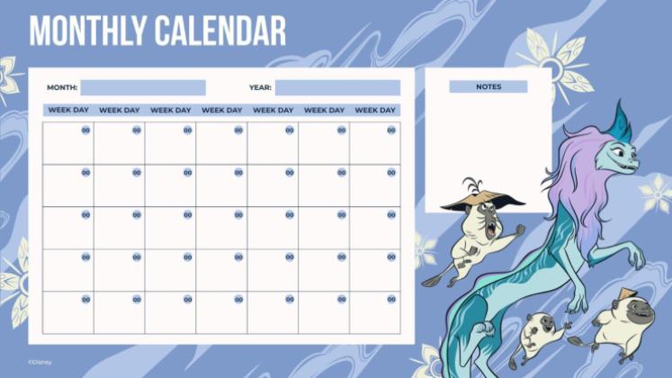 Calendrier mensuel Raya et le Dernier Dragon Modèles de présentation