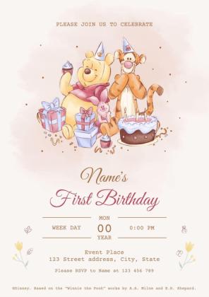 Plantilla de presentación Invitación de cumpleaños colorida de Winnie the Pooh