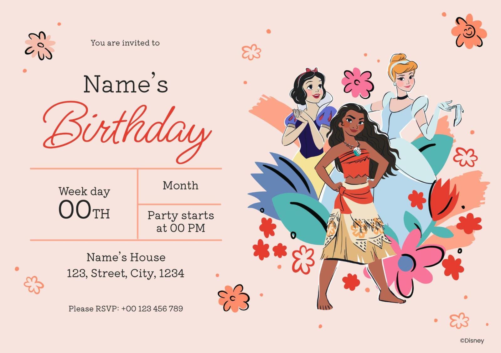 Cute Disney Princess Birthday Invitation presentation template 