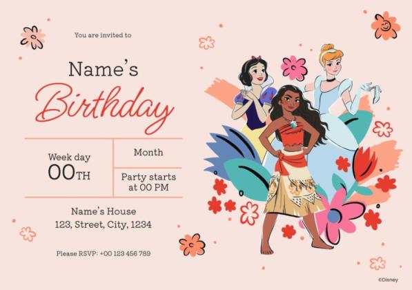귀여운 디즈니 프린세스 생일 초대장 프레젠테이션 템플릿