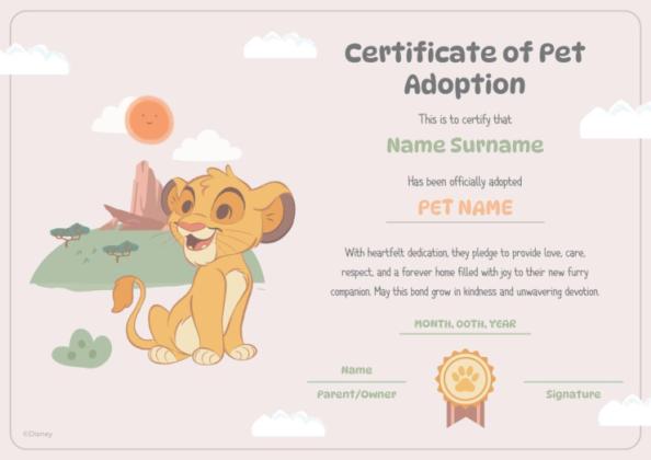 Plantilla de presentación Certificado de adopción de mascotas de El Rey León