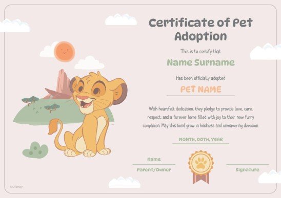Plantilla de presentación Certificado de adopción de mascotas de El Rey León