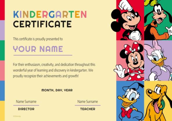Plantilla de presentación Certificado de graduación de infantil de Mickey y sus amigos