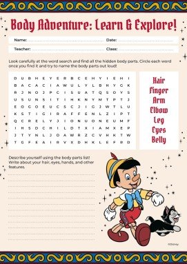 Modelo de apresentação Folha de atividades sobre partes do corpo do Pinóquio