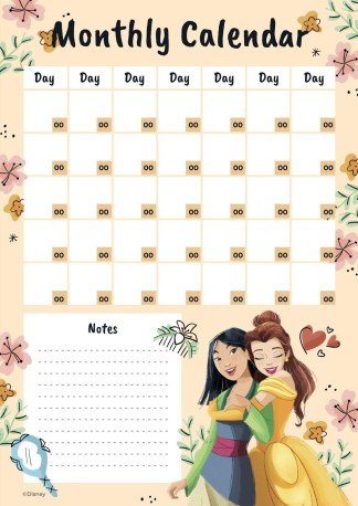 Calendrier mensuel vertical Mulan et Belle Modèles de présentation