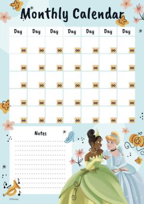 Calendrier mensuel vertical Tiana et Cendrillon Modèles de présentation