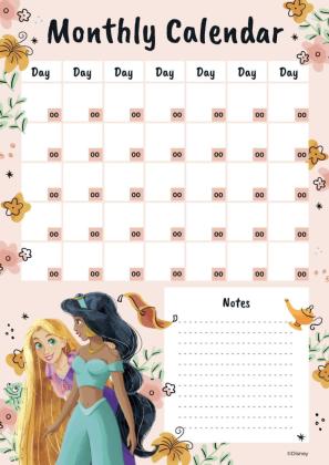 Calendrier mensuel vertical Jasmine et Raiponce Modèles de présentation