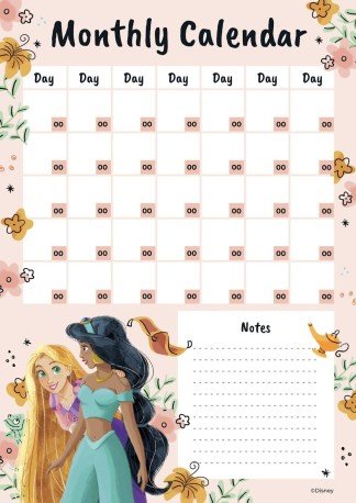 Calendrier mensuel vertical Jasmine et Raiponce Modèles de présentation