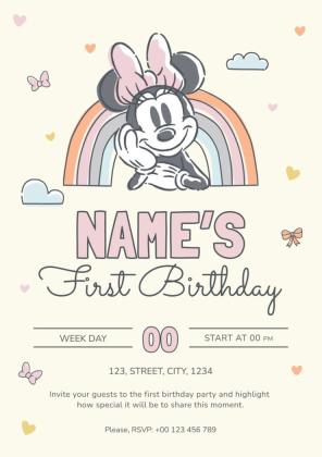 Plantilla de presentación Invitación de primer cumpleaños de Minnie Mouse