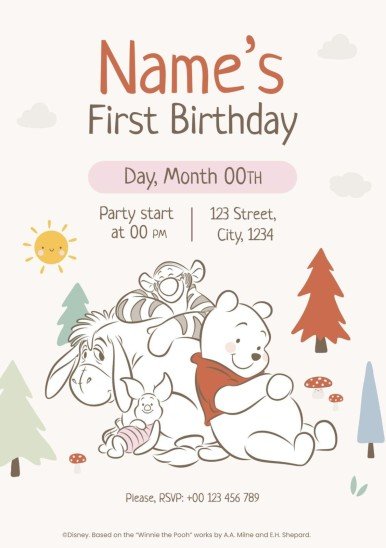 Modelo de apresentação Convite de primeiro aniversário do Ursinho Pooh