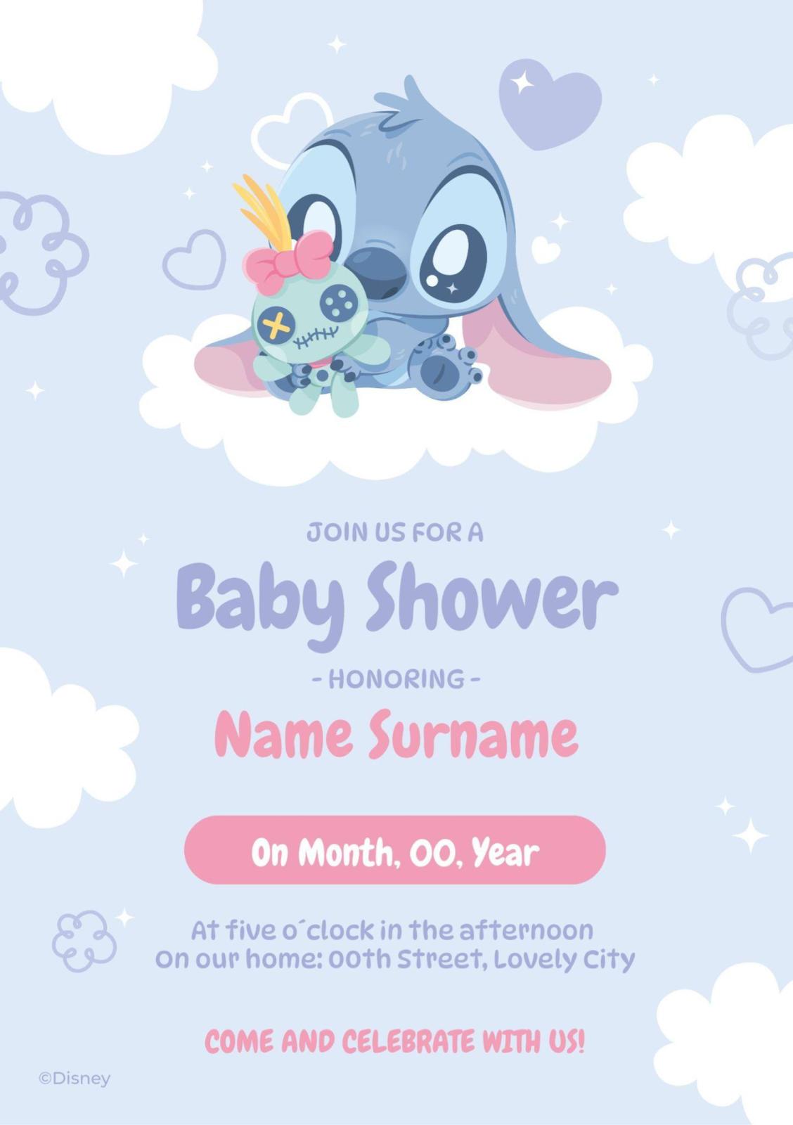 Presentación Invitación para baby shower de Stitch, image size:1128x1600