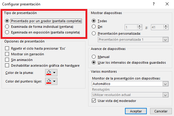 Opciones del apartado Tipo de presentación